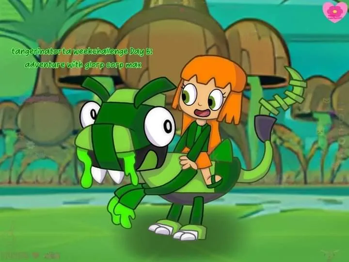 A cartoon girl with orange hair rides a green, bug-like creature with large white eyes and a wide mouth. The background…