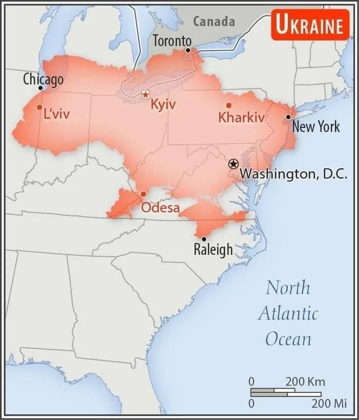 A map humorously depicts Ukraine as a large landmass covering most of the eastern and central United States, with cities…