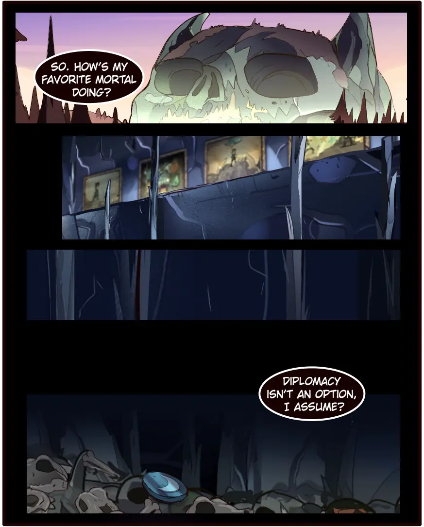 A comic strip shows a giant skull asking how 'my favorite mortal' is doing, then cuts to a dark, empty room with a single…