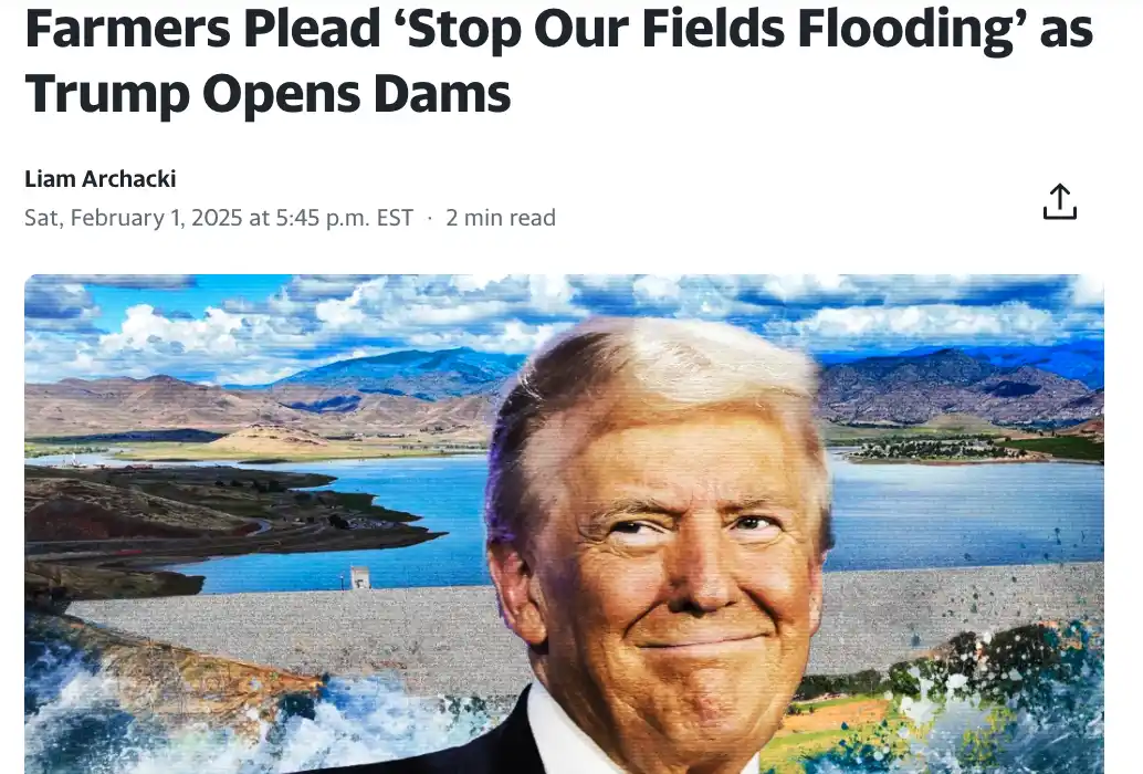 A digitally altered news article screenshot shows a smiling Donald Trump superimposed over a dam releasing water, with the…