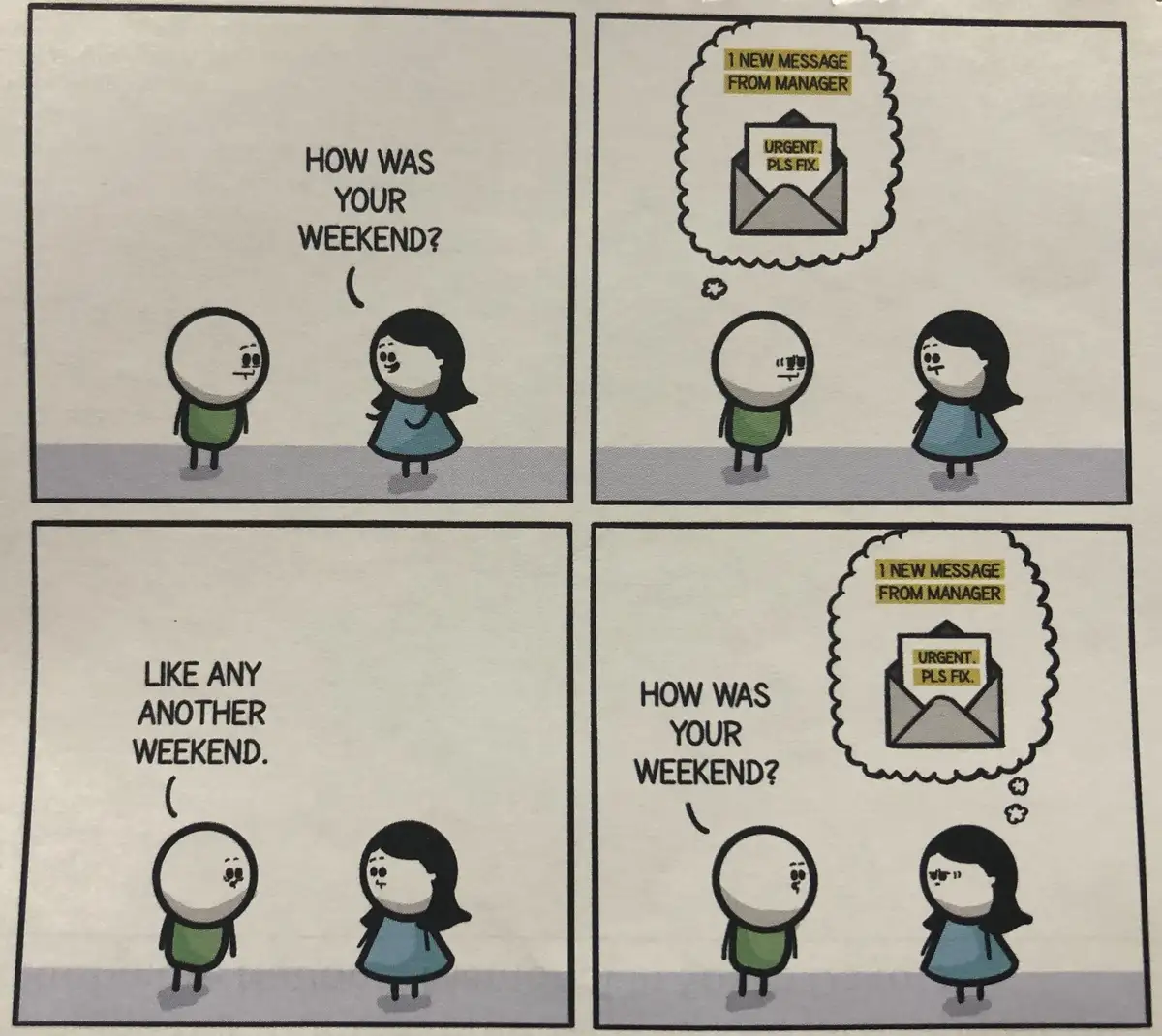 A four-panel comic shows two stick figures. In the first panel, one asks the other 'HOW WAS YOUR WEEKEND?'. In the second…