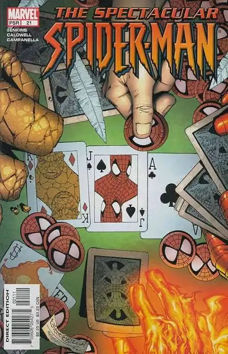 A comic book cover for 'The Spectacular Spider-Man' issue #21, featuring Spider-Man's face on playing cards, a hand holding…