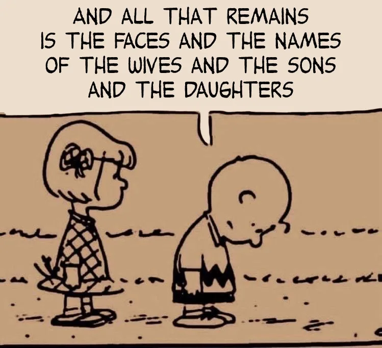 A black-and-white Peanuts comic strip panel shows Lucy van Pelt standing and looking down at Charlie Brown, who is bowing…
