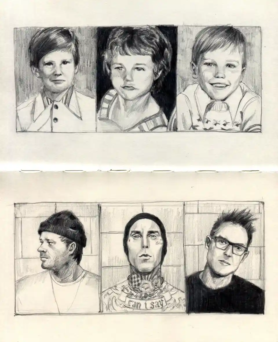 The image displays two rows of three pencil sketches each. The top row shows three young boys with varying expressions: one…