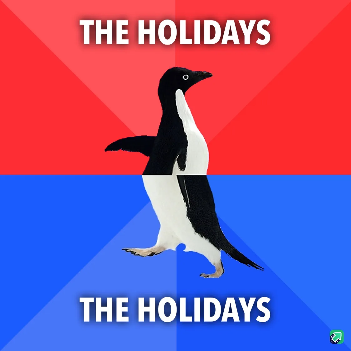 A penguin is split vertically down the middle, with the top half against a red background and the bottom half against a blue…