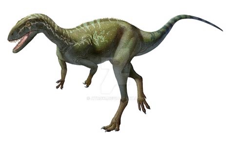 A green, bipedal dinosaur with a long tail and sharp teeth stands against a plain white background. The image has text…