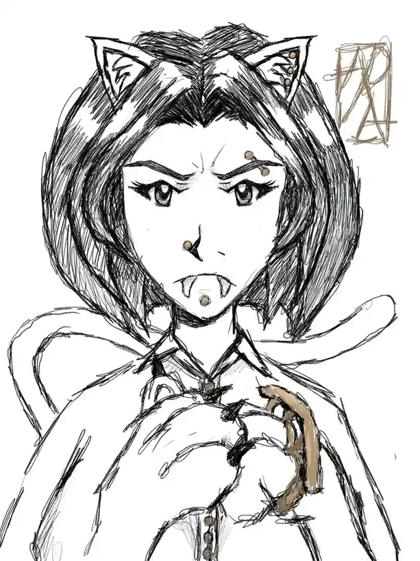 A black-and-white sketch of an anime-style female character with cat ears, multiple facial piercings, fangs, and a stern…