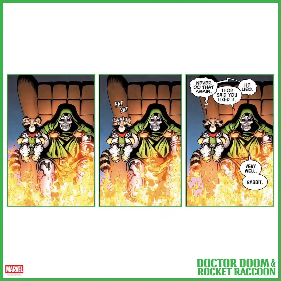 Three comic panels show Doctor Doom seated on a fiery throne, holding a small Rocket Raccoon. In the first panel, Rocket…