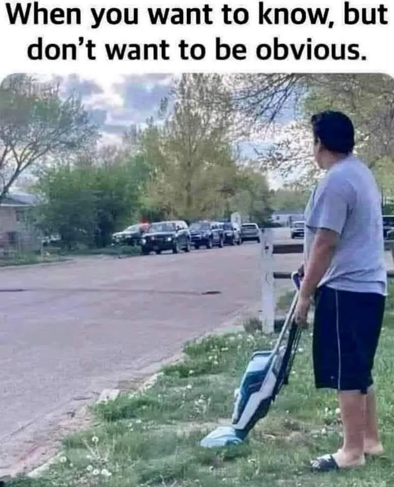 A person stands on a grassy lawn holding a push mower, looking down a residential street lined with parked cars. The…