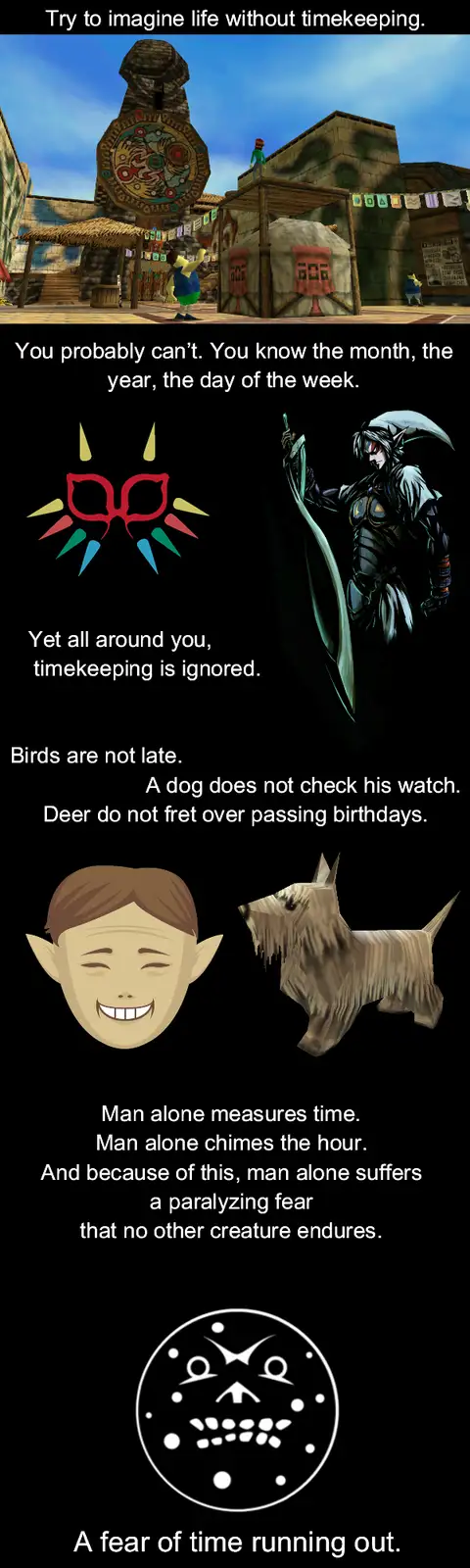 A vertical meme composed of five panels. The top panel shows a screenshot from The Legend of Zelda: Ocarina of Time…