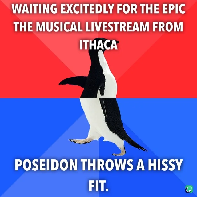 A penguin stands upright against a red and blue background, with white text overlaid. The top text reads 'WAITING EXCITEDLY…
