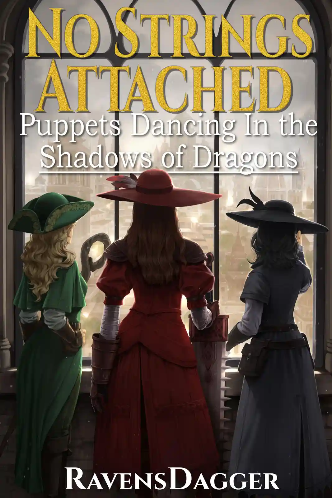 Three women in fantasy attire stand with their backs to the viewer, looking out a large arched window at a distant city. The…