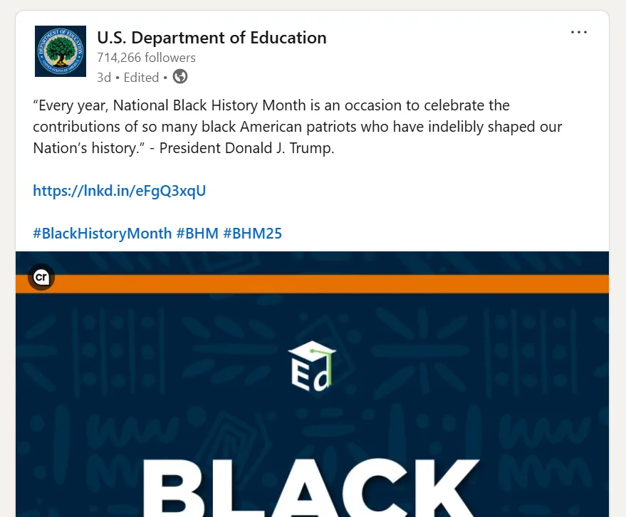 A screenshot of a U.S. Department of Education social media post featuring a quote attributed to President Donald J. Trump…