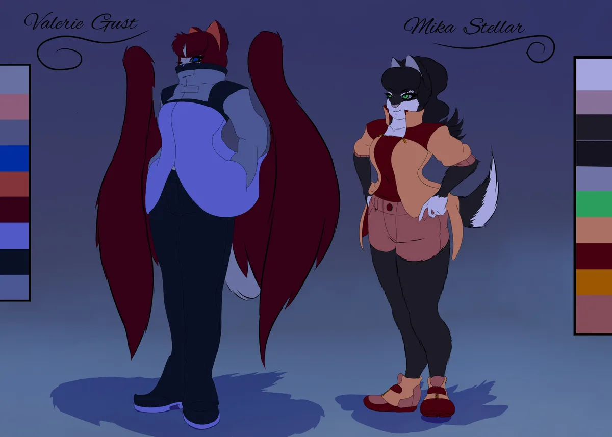 Two anthropomorphic cat characters, Valerie Gust and Mika Stellar, are shown in full-body character designs against a plain…