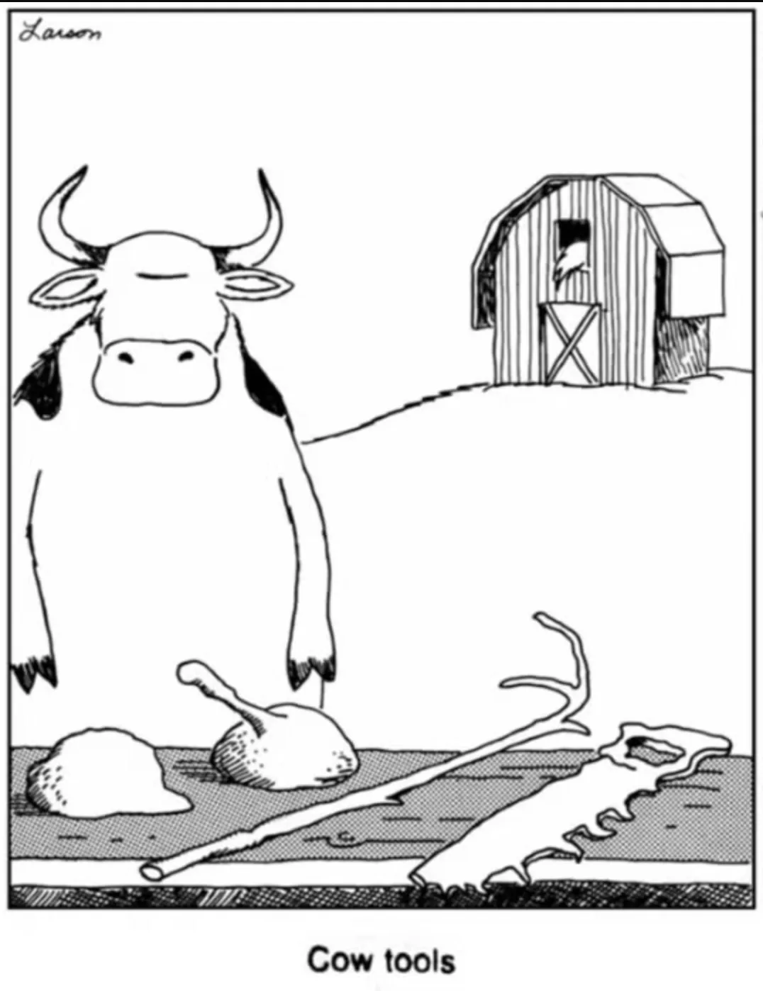 A black-and-white cartoon depicts a large cow standing in a field with a barn in the background. In front of the cow, on the…