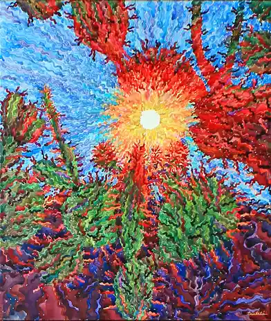 A vibrant, abstract painting depicts a stylized sunrise with a bright yellow-white sun at the center, radiating fiery red…