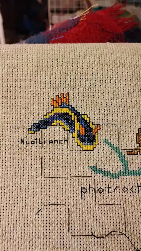 A close-up of a cross-stitch project on beige fabric, showing a pixelated, colorful nudibranch stitched in blue, yellow, and…