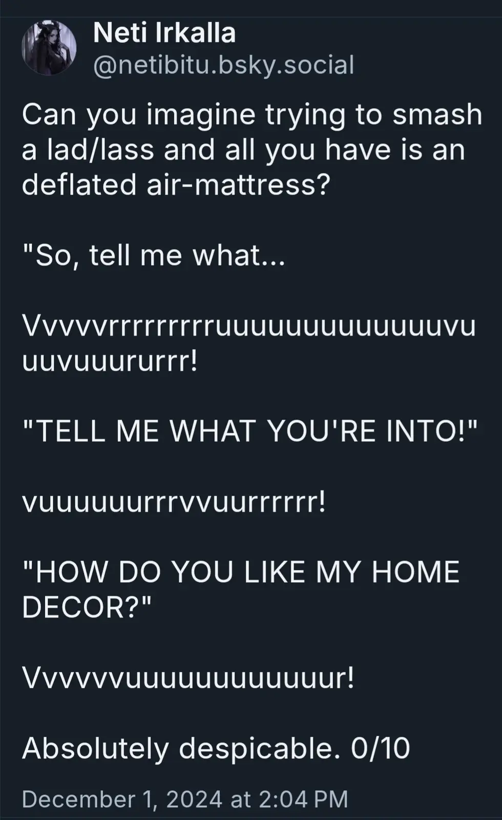 A screenshot of a social media post by Neti Irkalla, featuring white text on a dark background. The post humorously imagines…