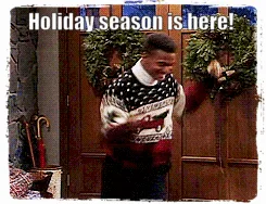 A six-panel meme grid shows a man in a festive sweater dancing enthusiastically in front of a decorated doorway with…