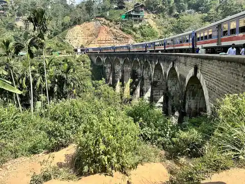 A blue and red passenger train travels across a long, arched stone railway bridge in a lush, green, tropical landscape with…