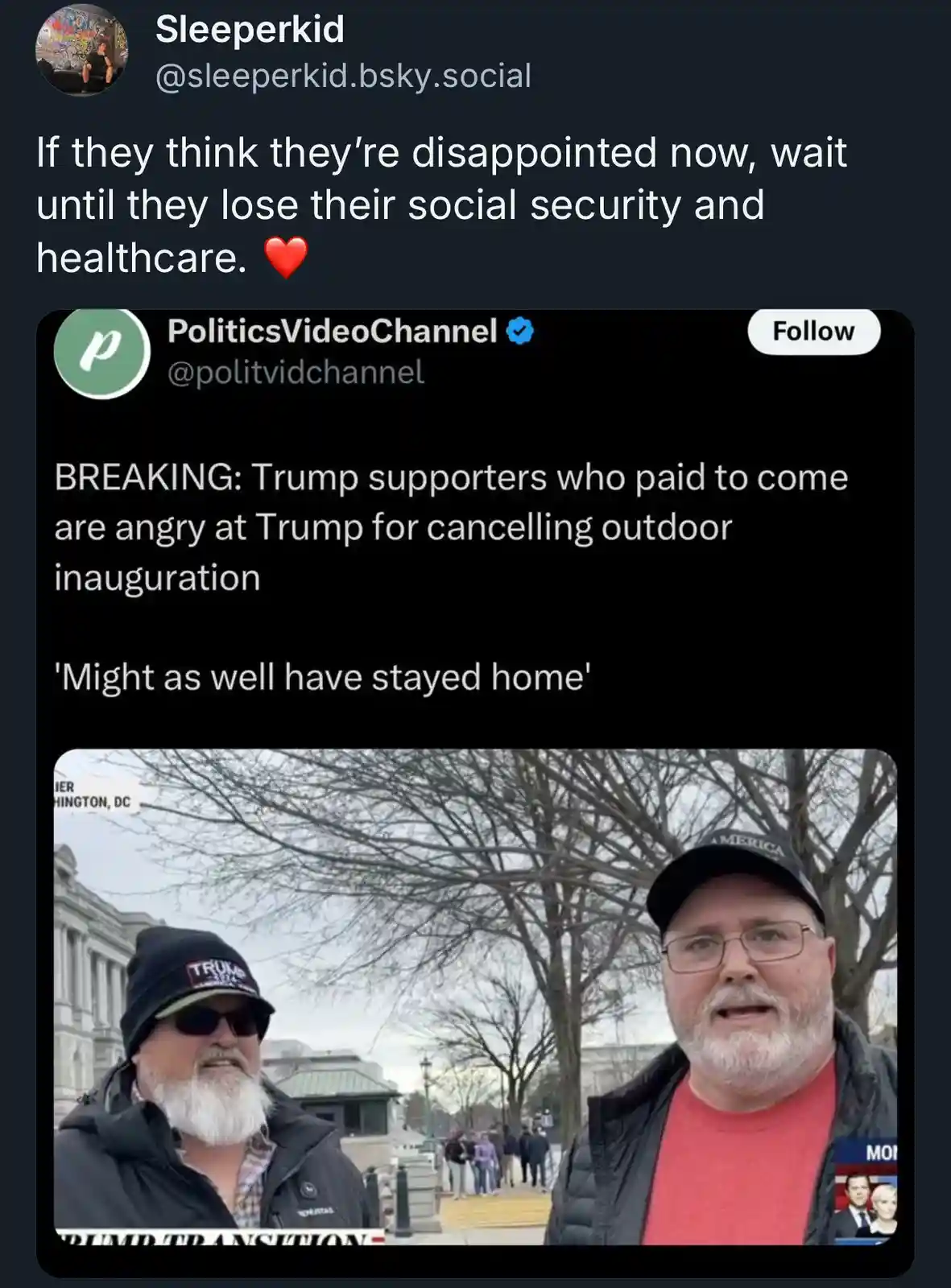 A screenshot of a social media post by 'Sleeperkid' that includes a tweet from 'PoliticsVideoChannel' about Trump supporters…