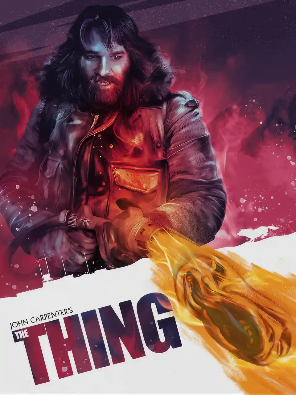 A stylized movie poster for John Carpenter's 'The Thing' features a man with a beard and long hair in a heavy winter coat…