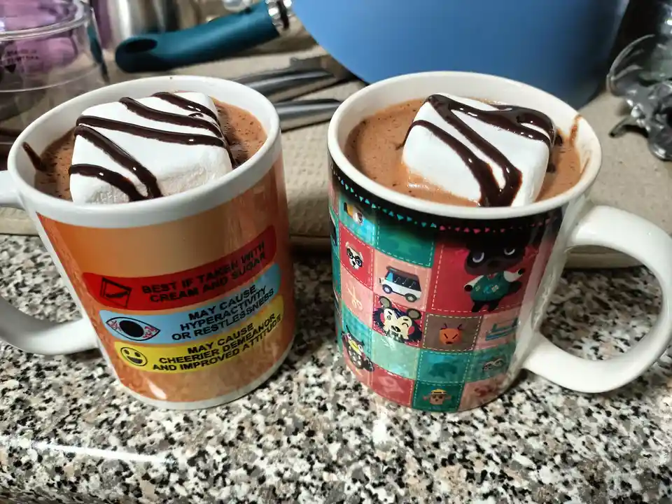 Two mugs of hot chocolate topped with marshmallows and chocolate drizzle sit on a granite countertop. The mug on the left…