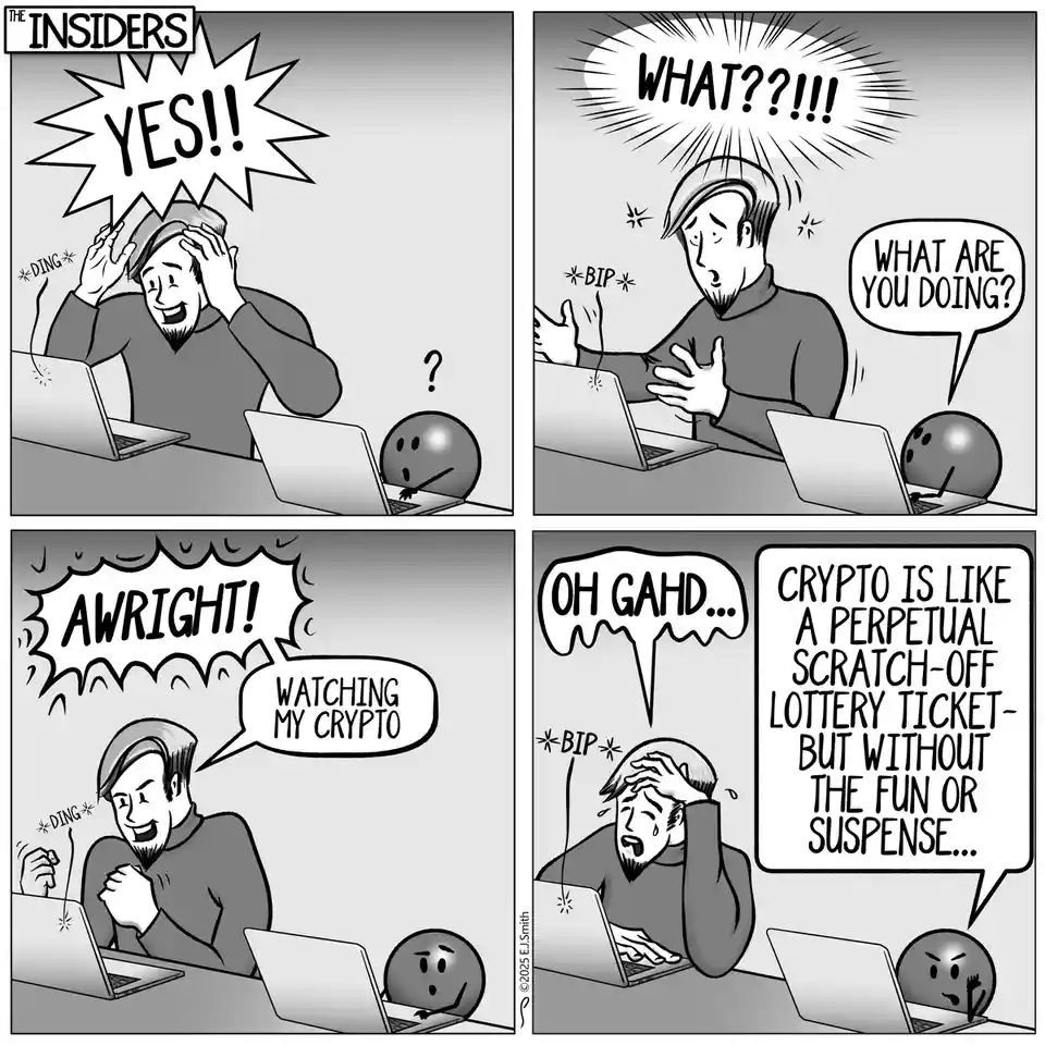 A four-panel black-and-white comic strip titled 'THE INSIDERS' shows a man reacting with joy to his crypto portfolio's…