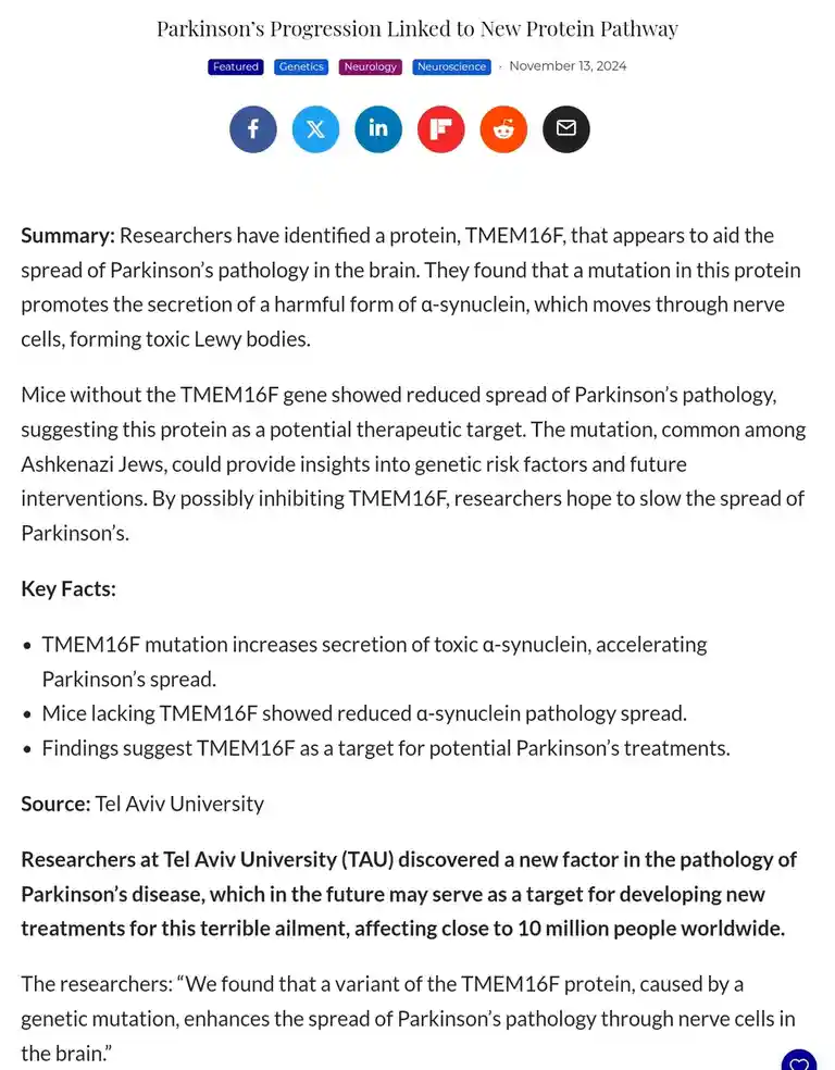 A screenshot of a news article titled 'Parkinson's Progression Linked to New Protein Pathway' dated November 13, 2024…
