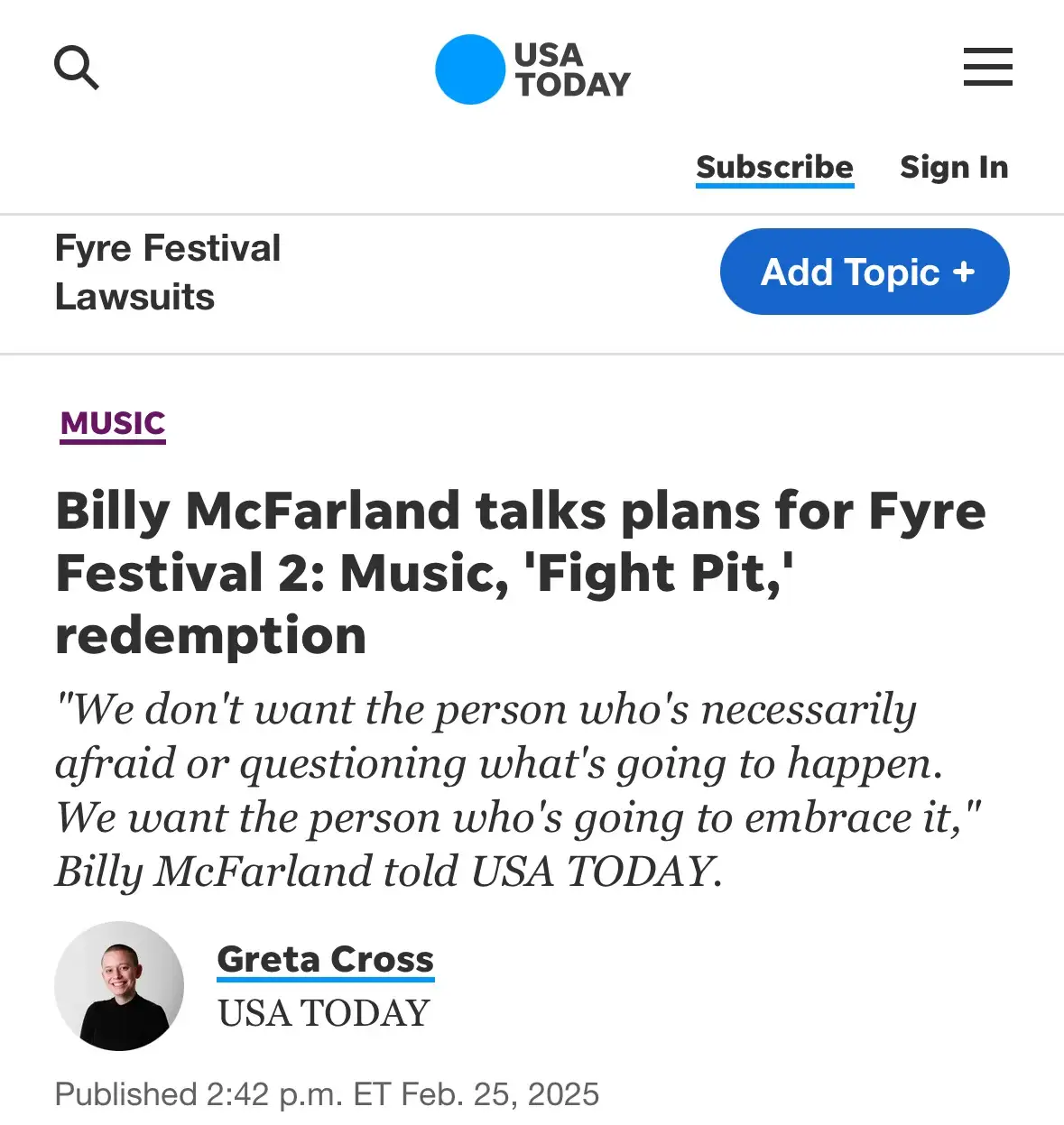 A screenshot of a USA TODAY news article about Billy McFarland discussing plans for Fyre Festival 2, featuring a quote where…
