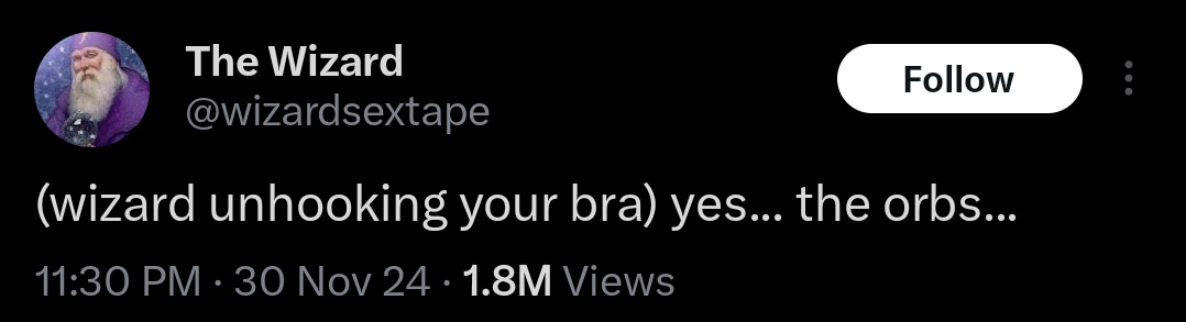 A screenshot of a Twitter post by 'The Wizard' (@wizardsextape) showing a profile picture of a bearded wizard in a purple…