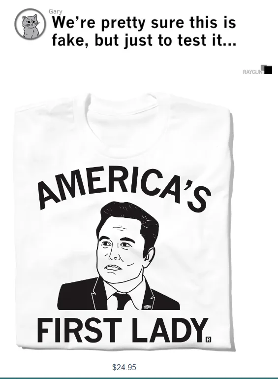 A white t-shirt is displayed with a black-and-white illustration of a man in a suit and tie, with the text 'AMERICA'S FIRST…