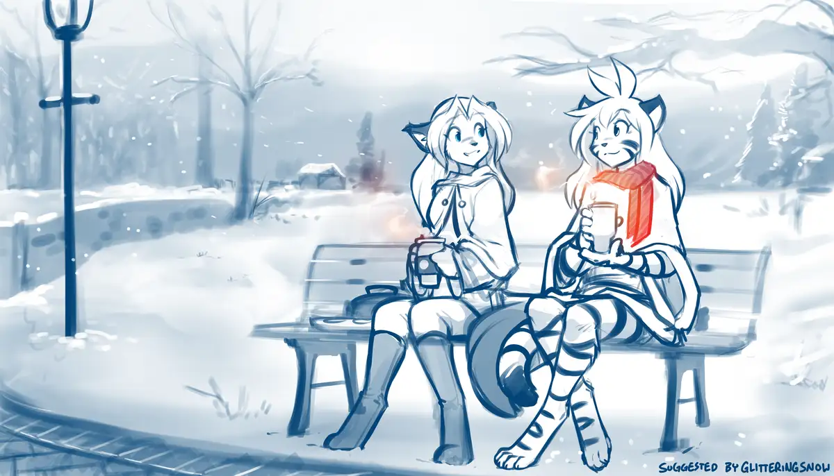 Two anthropomorphic cat girls sit on a park bench in a snowy winter scene, each holding a steaming mug of hot beverage. The…
