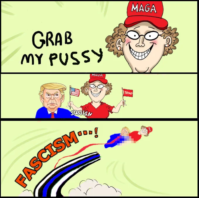 A three-panel cartoon depicts a caricatured man with curly hair and glasses wearing a red MAGA hat, smiling broadly. In the…