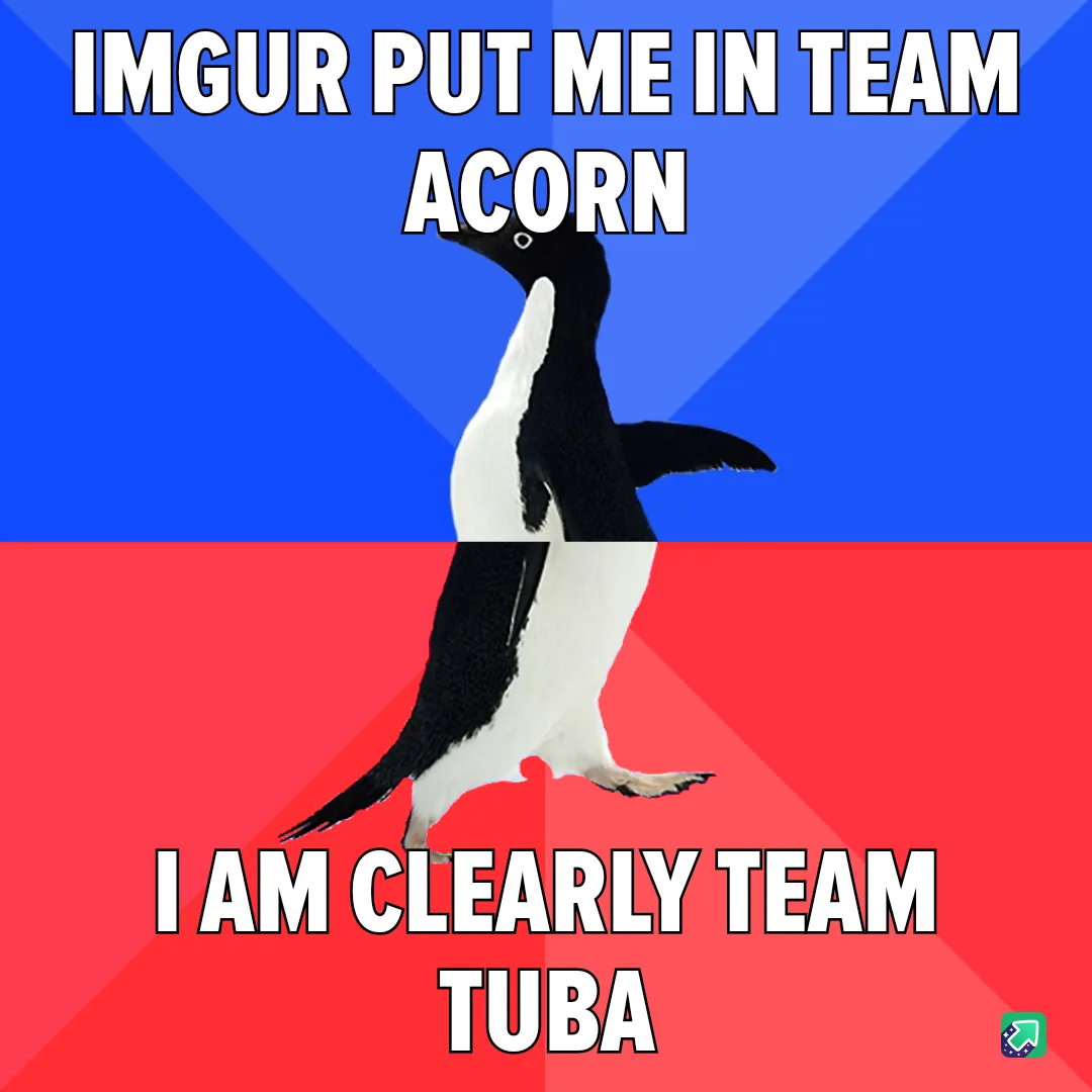 A penguin stands centered against a split background of blue and red, with bold white text overlaid. The top text reads…