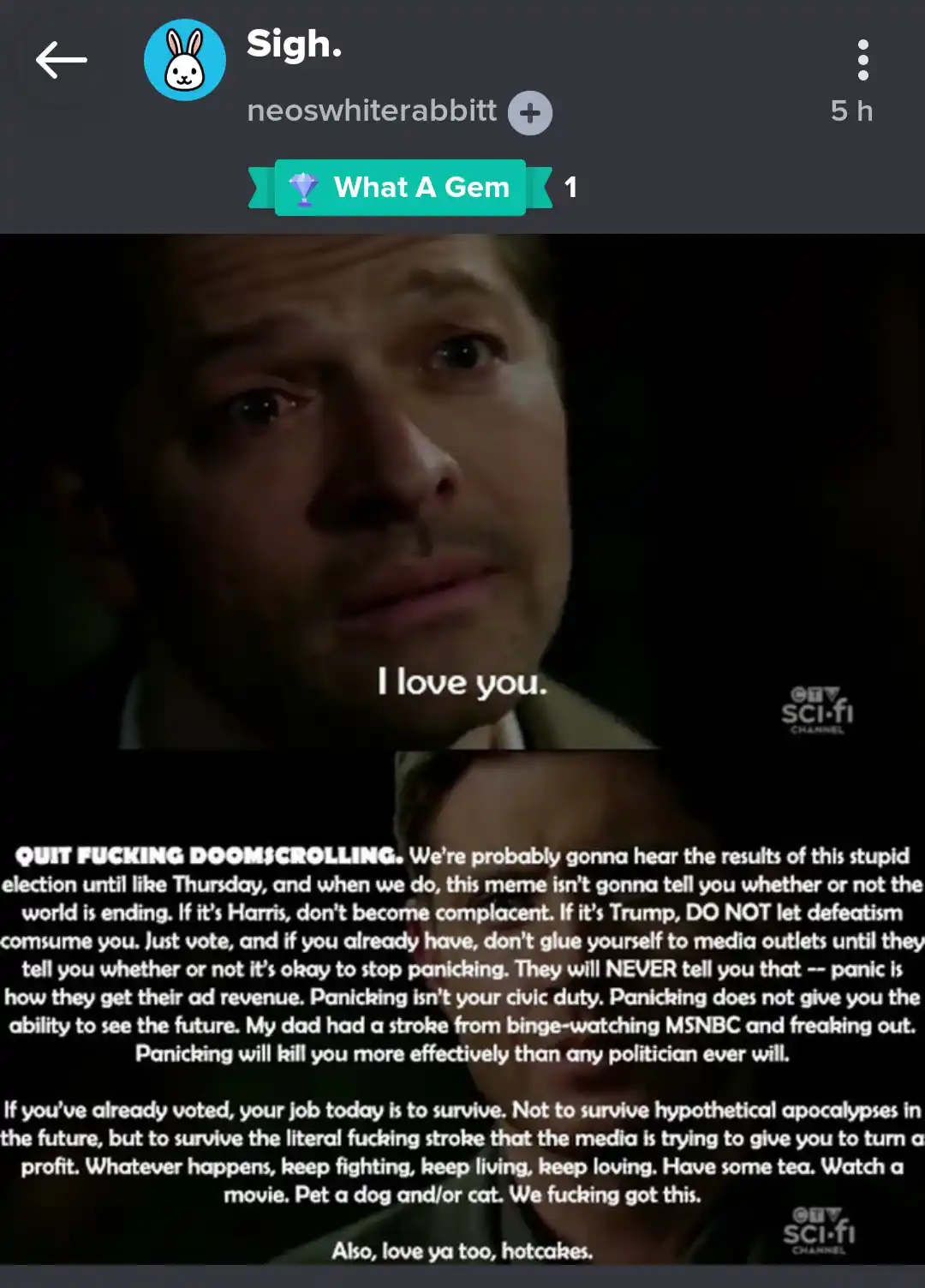 The image is a two-panel meme featuring actor Misha Collins from 'Supernatural'. The top panel shows him with a sad…