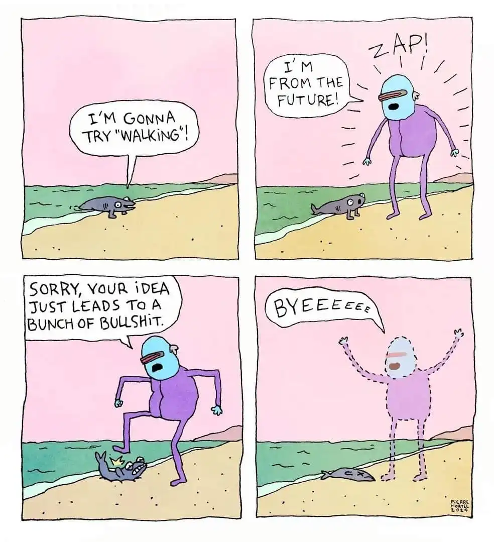A four-panel comic strip shows a small, gray, seal-like creature attempting to walk on a beach. A tall, purple, humanoid…
