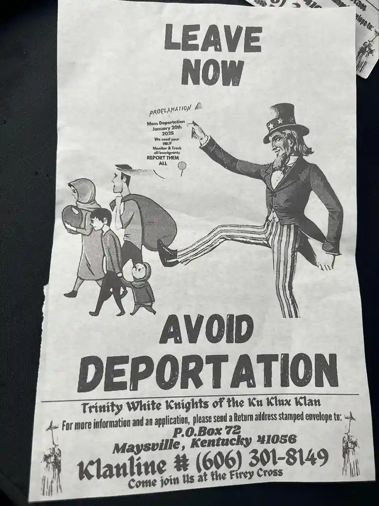 A black-and-white printed flyer features Uncle Sam pointing at a family of immigrants walking away, with bold text reading…