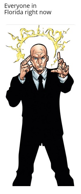 A bald man in a black suit and tie stands with both index fingers pointed at his temples, surrounded by yellow lightning…