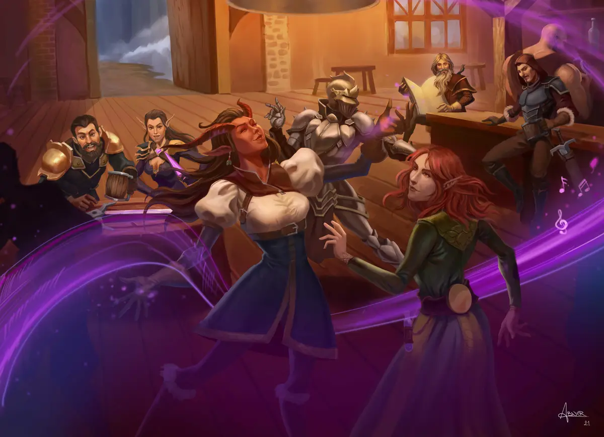 In a warmly lit tavern, a red-haired elf bard with a spellbook and musical notes around her is dancing with a horned…