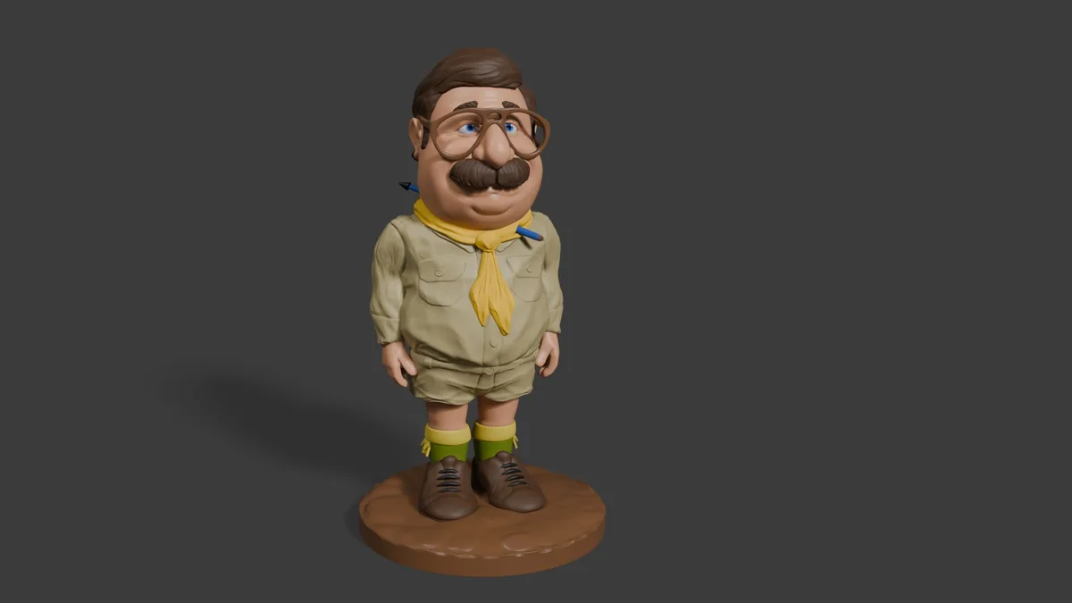 A 3D-rendered figurine of a cartoonish man with glasses, a mustache, and a yellow neckerchief, wearing khaki shorts and…