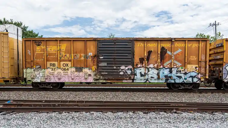 A rusty, graffiti-covered yellow freight train boxcar sits on tracks under a partly cloudy sky, with faded corporate text…