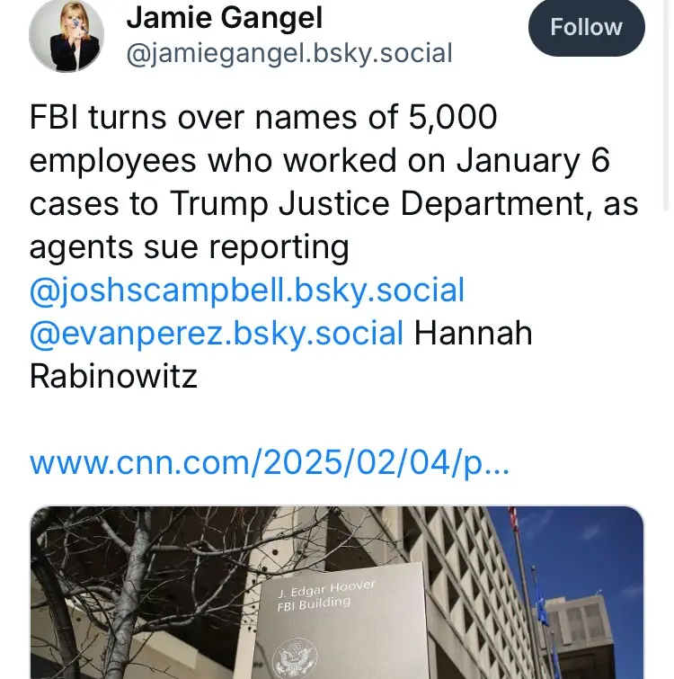 A screenshot of a social media post by Jamie Gangel showing a photo of the J. Edgar Hoover FBI Building. The post's text…