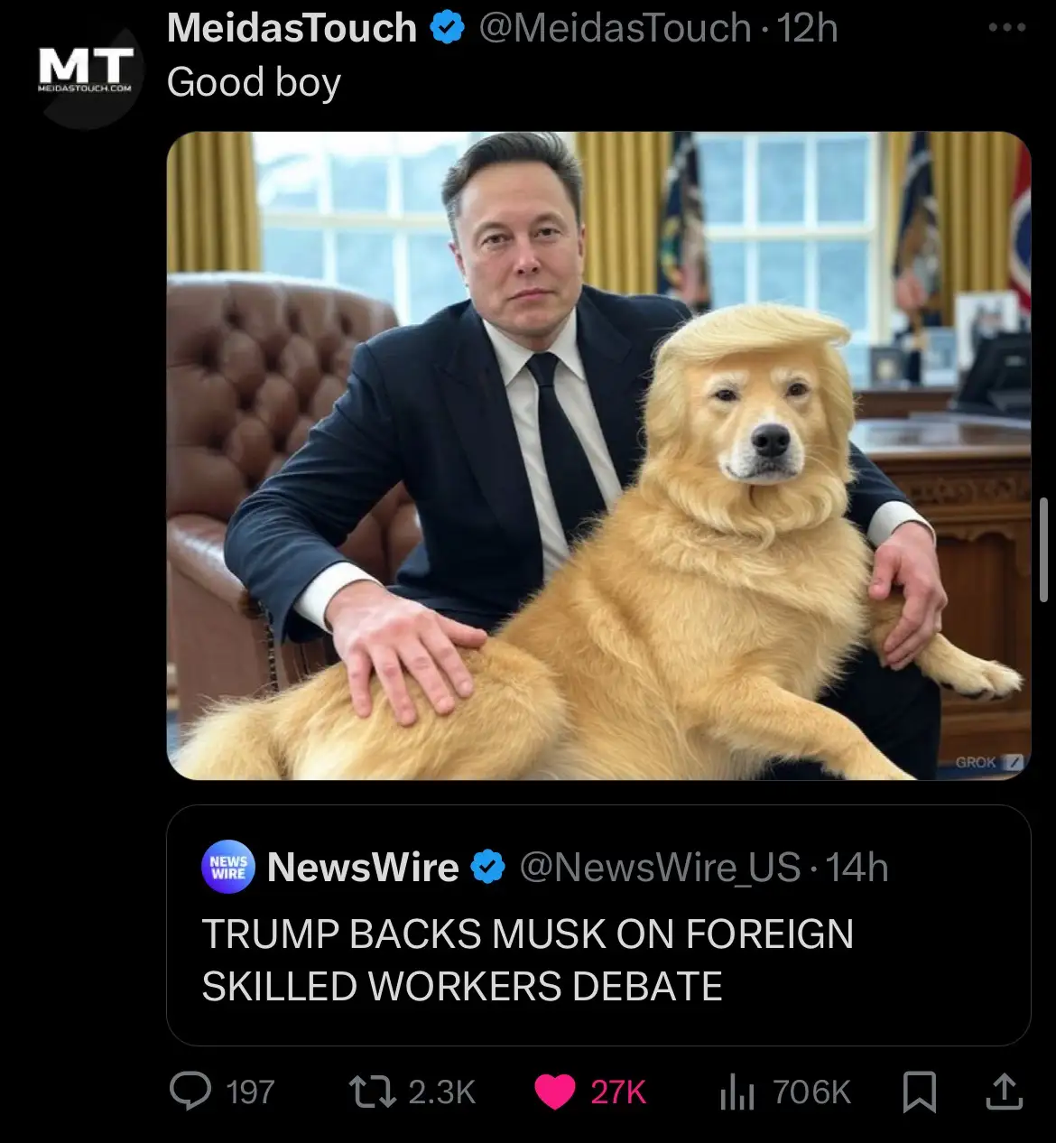 A man in a dark suit sits in a leather chair with a golden retriever wearing a blonde wig styled like Donald Trump's hair…