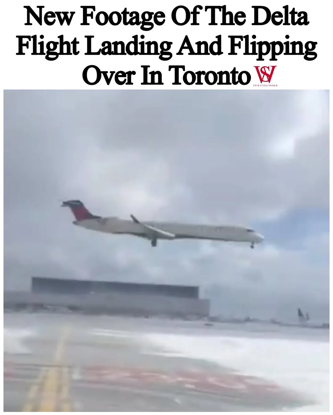 A blurry image shows a Delta airplane in mid-air, appearing to be in an unusual tilted position over an airport runway with…