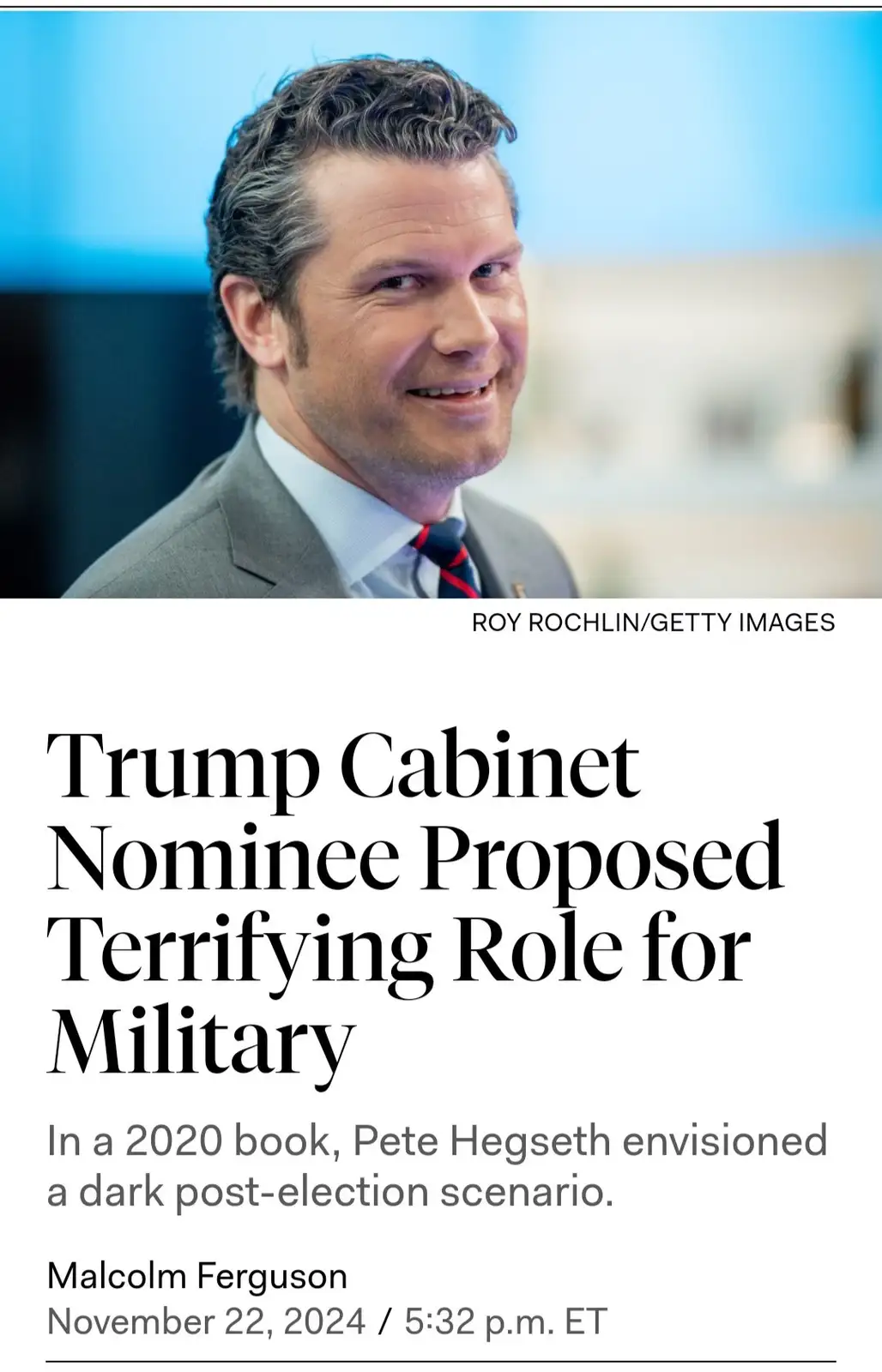 The image shows a smiling man in a suit and tie, with overlaid text mimicking a news article headline that reads 'Trump…