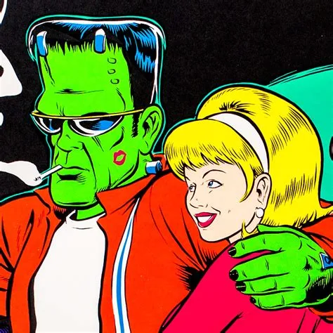 A comic book illustration shows Frankenstein's monster wearing sunglasses and smoking a cigarette while embracing his blonde…