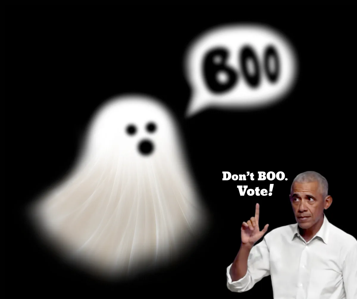 A white ghost with a speech bubble saying 'BOO' is shown next to a photo of Barack Obama pointing his finger. Obama is…