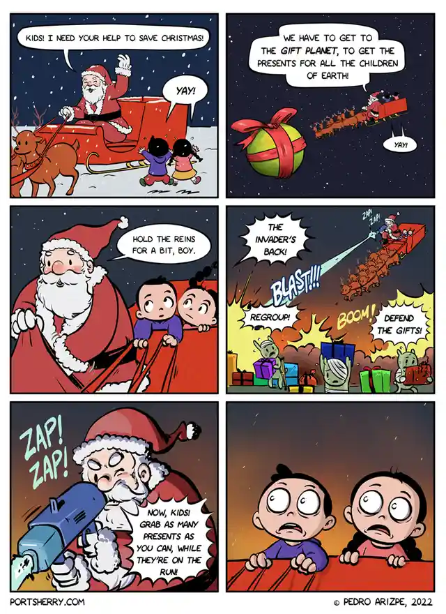 A six-panel comic strip shows Santa Claus asking two children to help save Christmas by retrieving presents from the 'Gift…