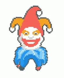 A pixelated jester character in a red and orange hat and blue outfit is shown in six frames. The character starts standing…